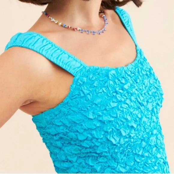 SAYLOR Mariah Smocked Textured Mini Tank Dress, Flounced Hem, Blue - Picture 3 of 13